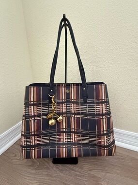 Tory Burch Navy Plaid Tote with Multicolor Stripes